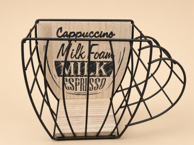 Suport in Forma de Ceasca Maro Metalica cu Baza din Lemn pentru Capsule de Cafea "Cappuccino Milk Foam Milk Espresso"