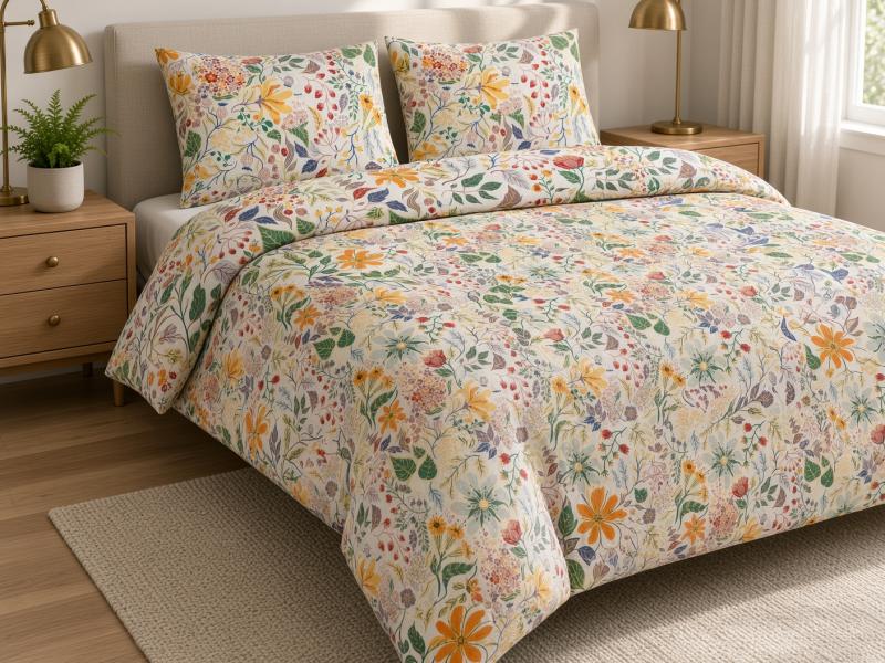 Set husă pilotă+2 fețe pernă, model floral, 200x200/50x60 cm
