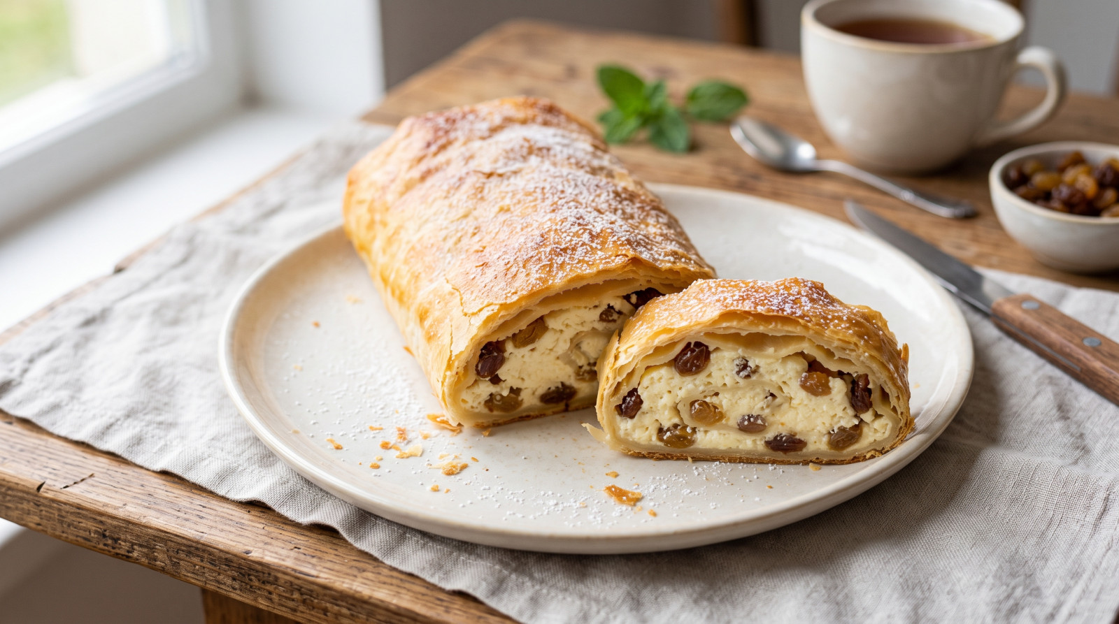 Rulou fin cu brânză dulce și stafide