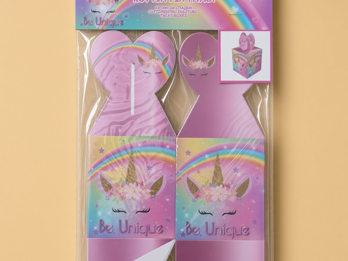 Cutii din Carton Roz cu Model Unicorn pentru Prajituri 9.9x8.5x8.5cm - 6buc
