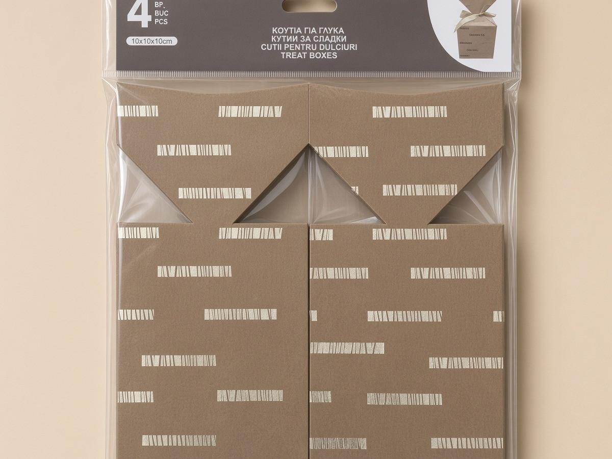 Cutii din Hartie Kraft cu Dungi din Folie Aurie pentru Prajituri 10x10x10cm - 4buc