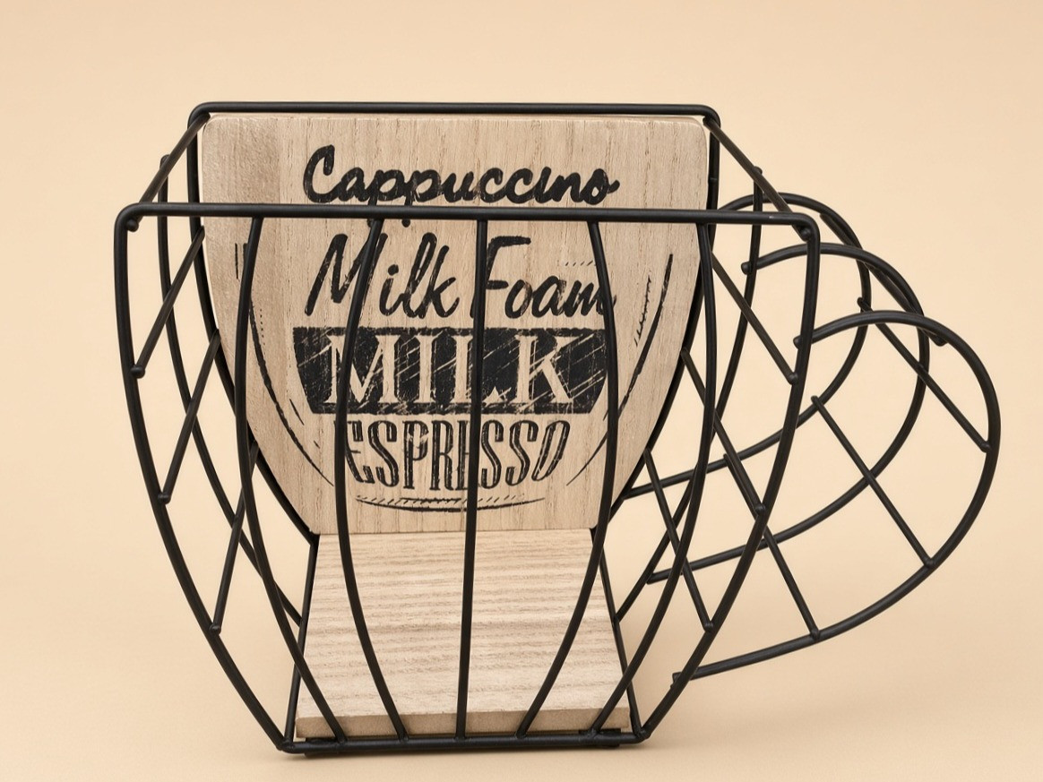 Suport in Forma de Ceasca Maro Metalica cu Baza din Lemn pentru Capsule de Cafea "Cappuccino Milk Foam Milk Espresso"